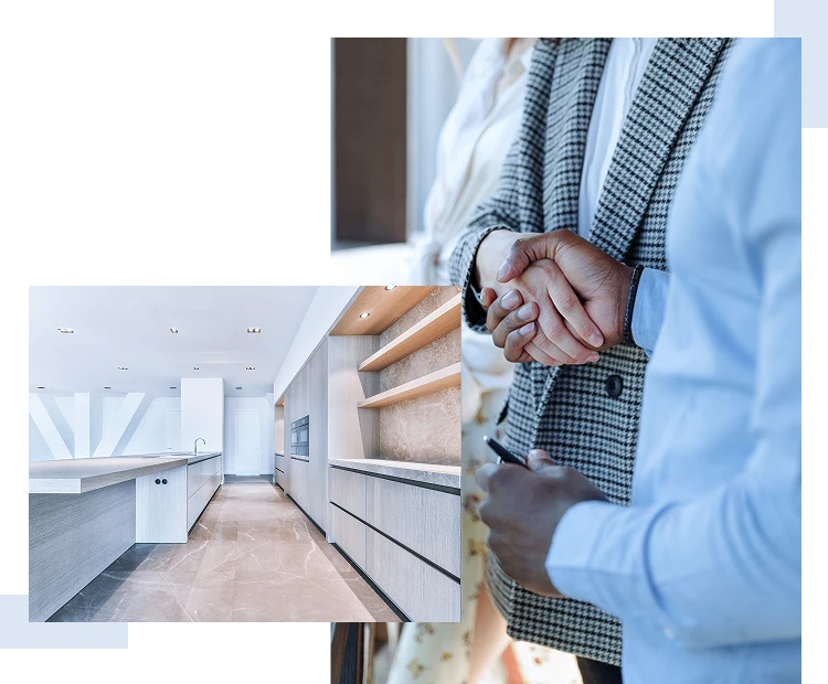 Symbolbilder einer Wohnung sowie eines Handschlags für Immobilie als Kapitalanlage