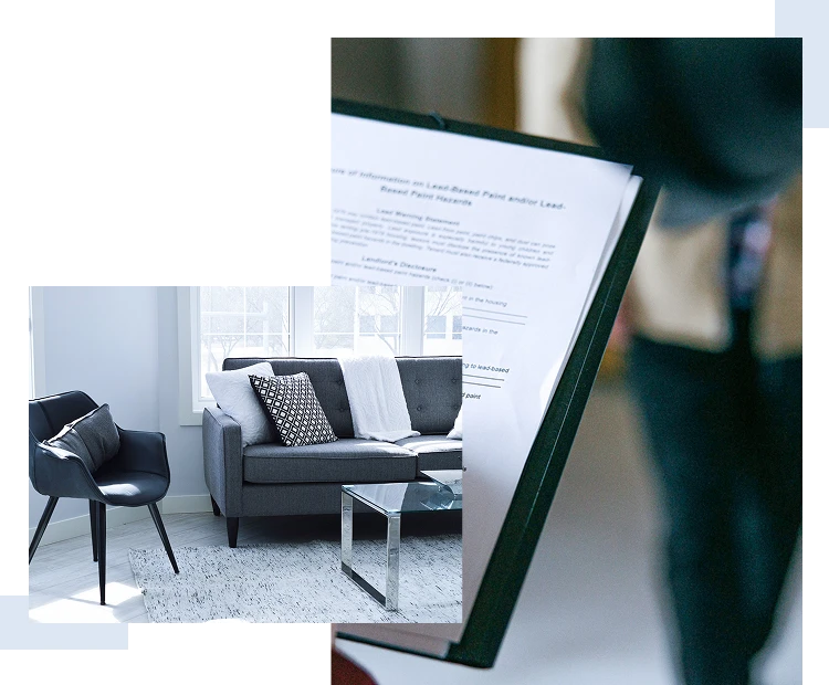 Symbolbilder einer Wohnung von innen sowie eines Klemmbretts für "Haus vermieten" und "Wohnung vermieten"