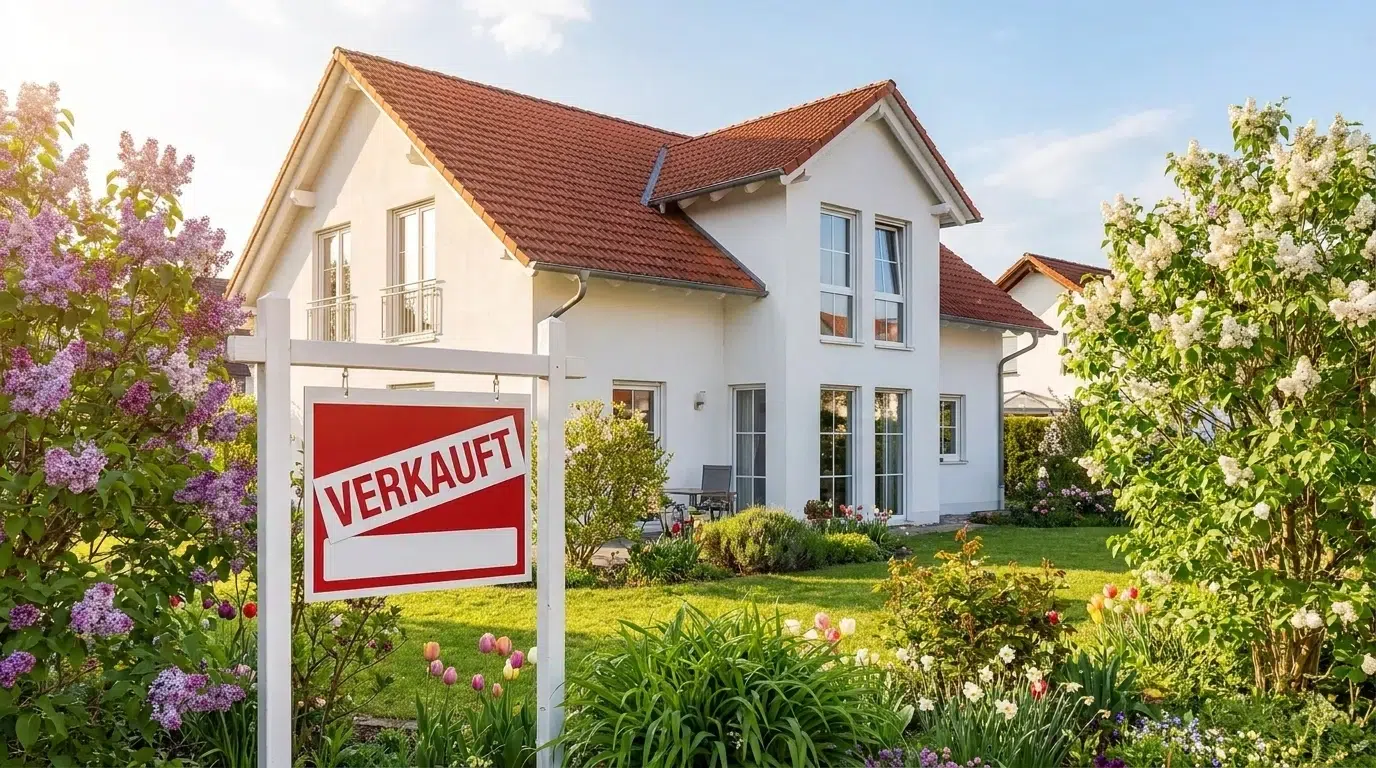 Haus mit „Verkauft“-Schild im Vorgarten