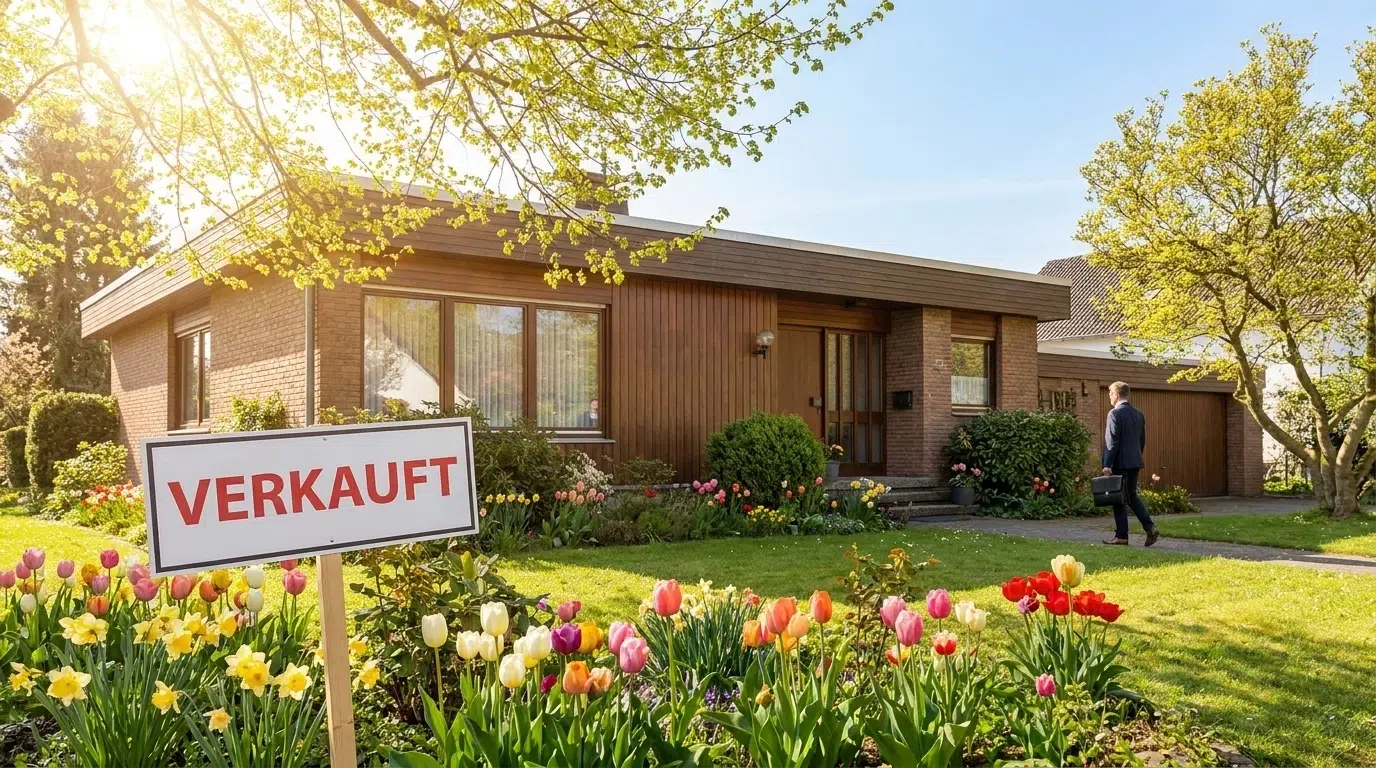 Bungalow mit Verkauft-Schild im Garten – Grünewald Immobilien