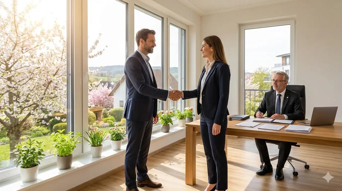 Zwei Personen geben sich die Hand, im Hintergrund sitzt der Notar am Schreibtisch – Grünewald Immobilien