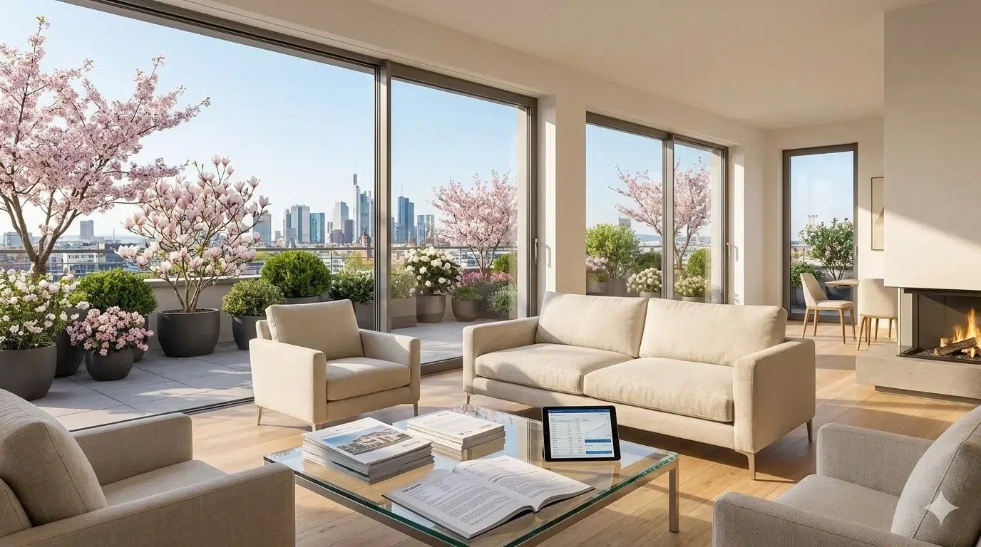 Modernes Wohnzimmer mit Blick auf die Stadt.