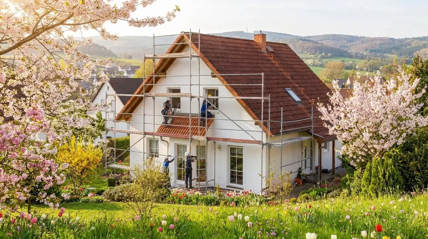 Ein Haus in Taunusstein in der Sanierung mit einem Baugerüst - Grünewald Immobilien