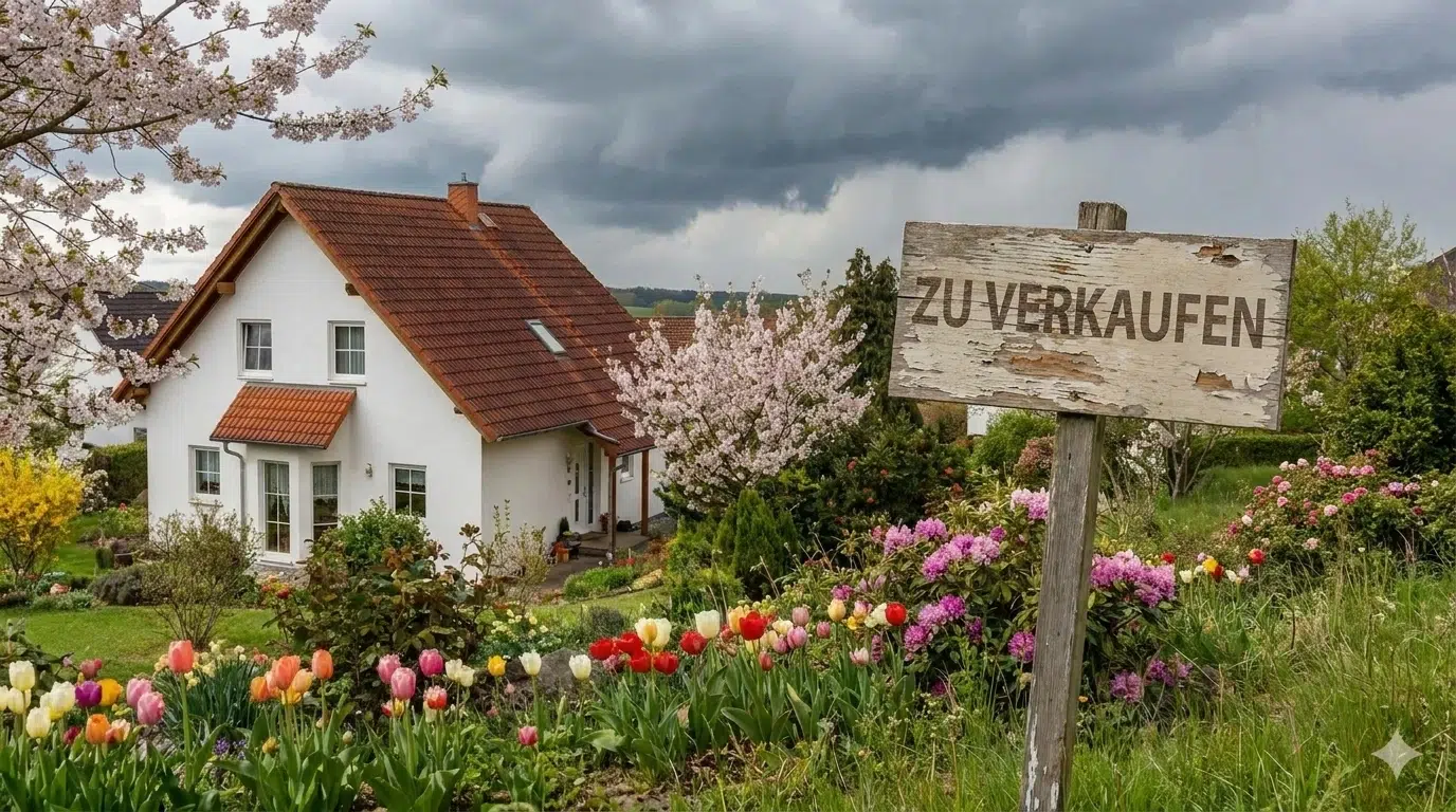 Haus mit Blumen im Garten und verwittertem „Zu verkaufen“-Schild.
