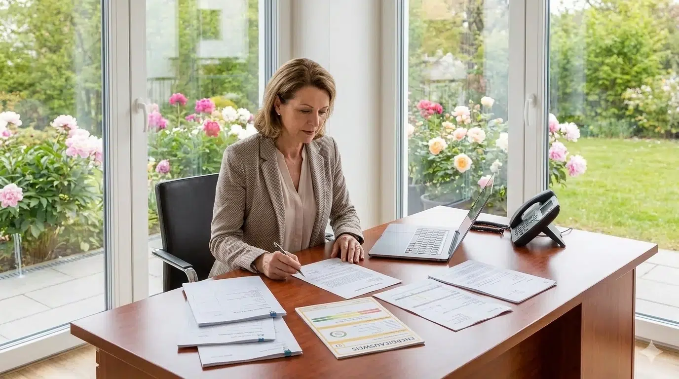 Eine Maklerin arbeitet am Schreibtisch mit Dokumenten.