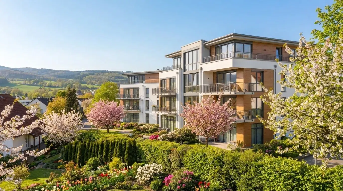 Moderne Apartments mit blühenden Bäumen.