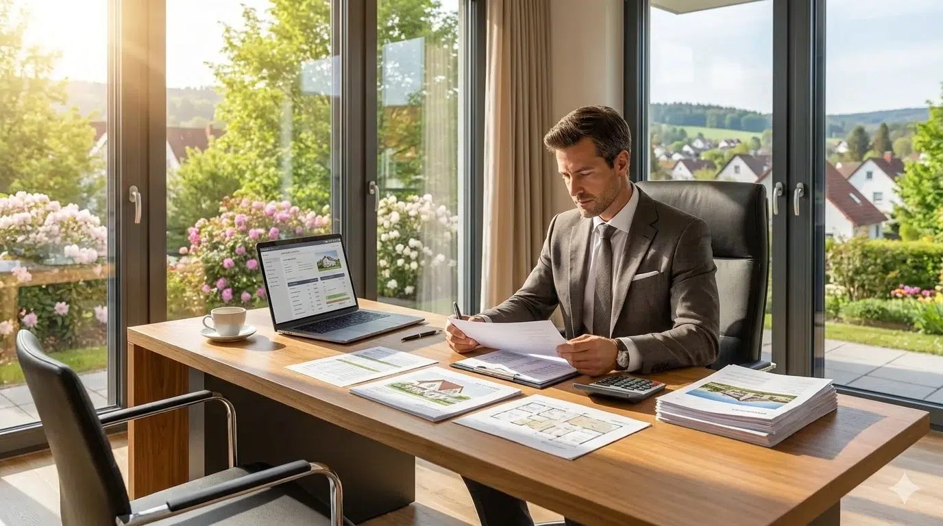 Immobilienmakler arbeitet an seinem Schreibtisch.