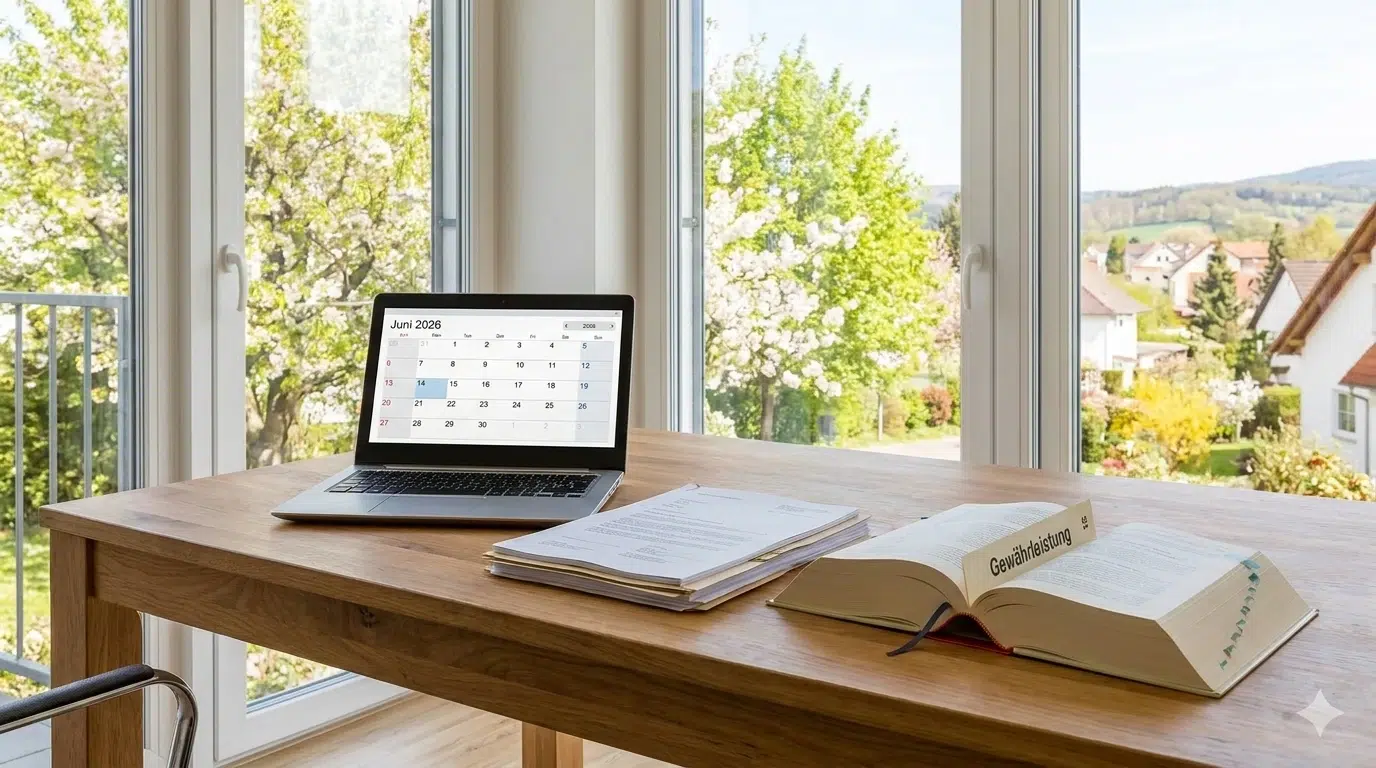 Schreibtisch mit Laptop und aufgeschlagenem Gesetzbuch zum Thema Gewährleistung.