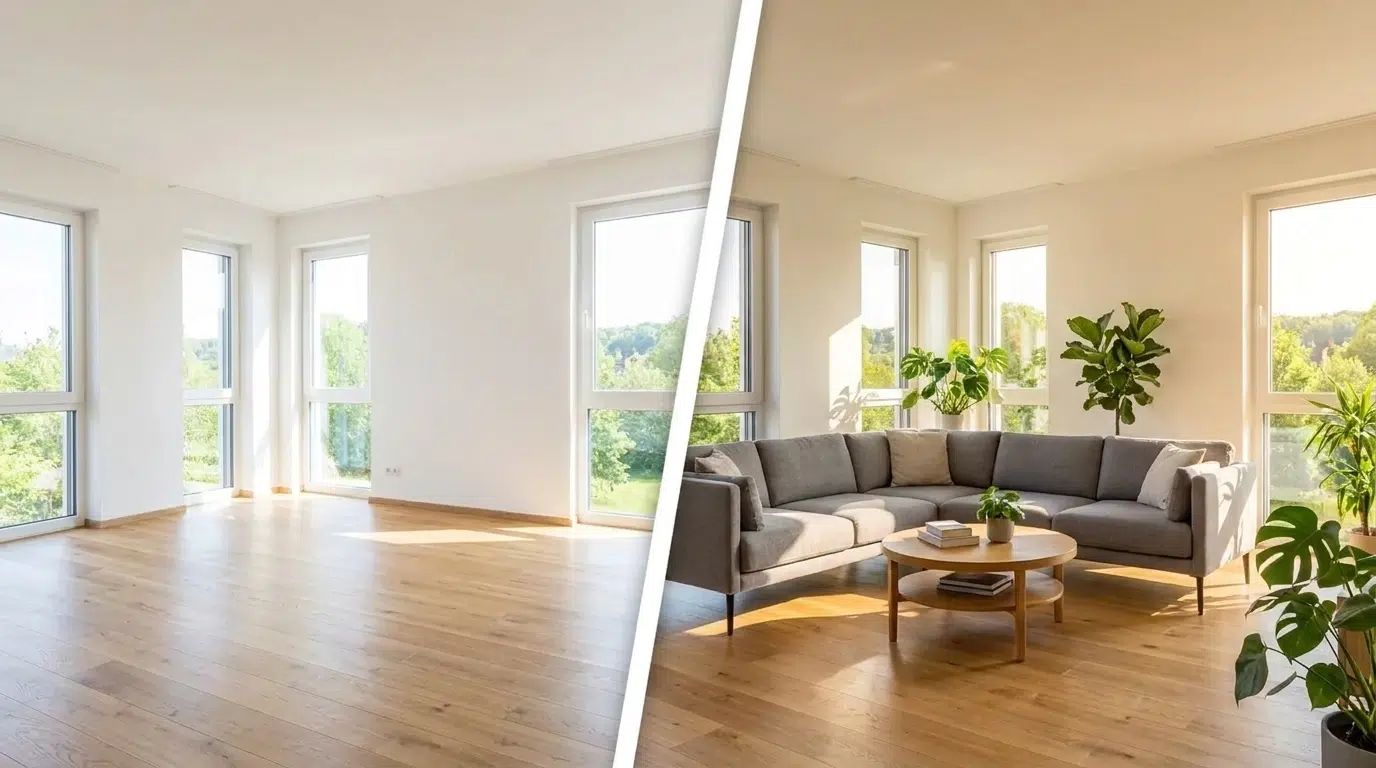Links ein leeres Wohnzimmer, rechts ein möbliertes.