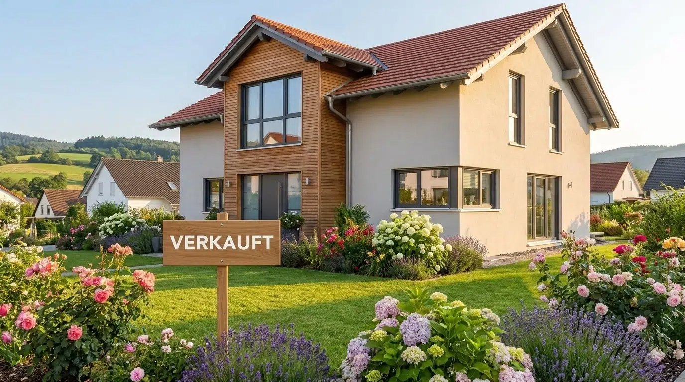 Modernes Wohnhaus mit „Verkauft“-Schild.